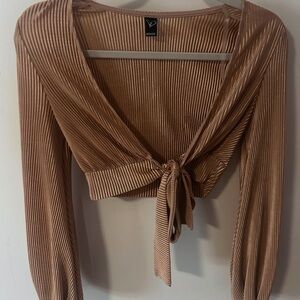Shein Tan Ribbed Tie-Front Top